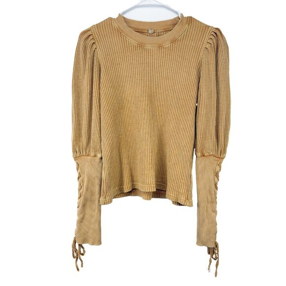 FREE PEOPLE Tasha Distressed Mustard Top Puff Laced Victorian Sleeves Boho sz S - Picture 6 of 12